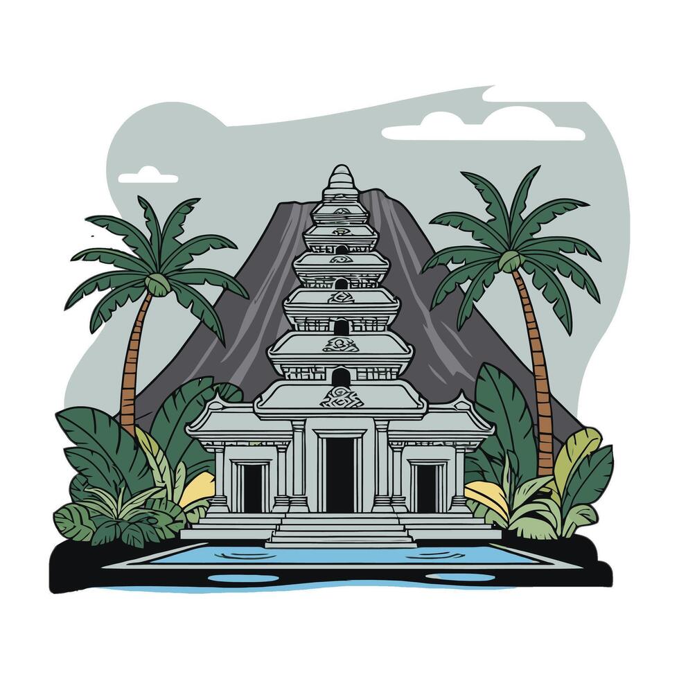 An illustration of a temple with palm trees and water vector