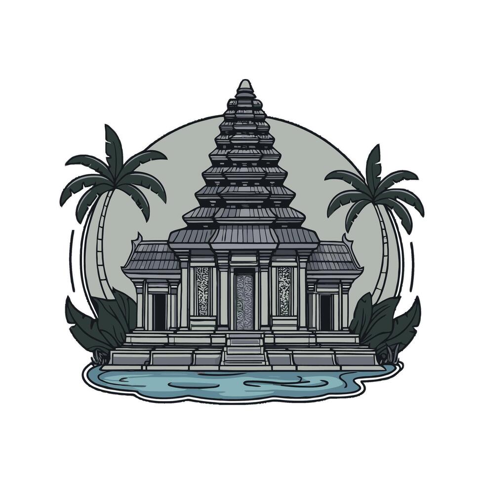 An ancient temple with palm trees and water vector