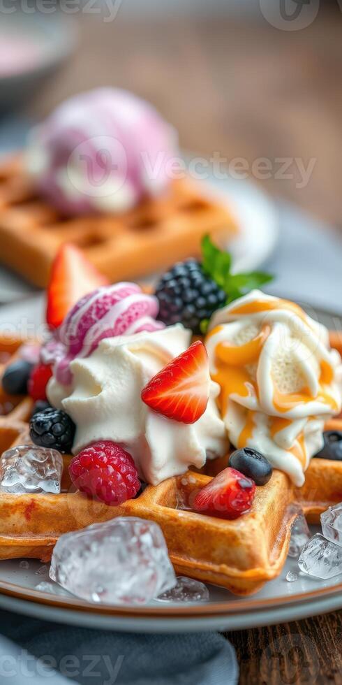 Deliciously prepared waffles topped with fresh berries and creamy ice cream in a cozy setting photo