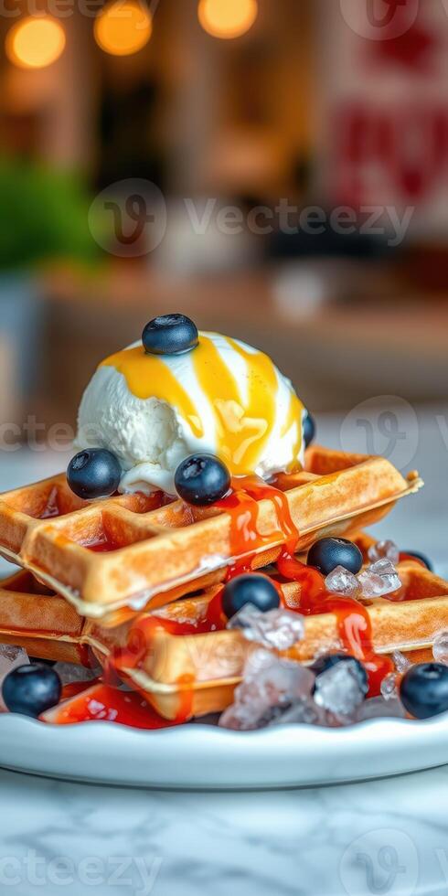 Delicious waffles topped with ice cream, blueberries, and syrup on a marble table photo
