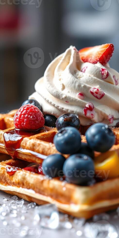 Delicious waffles topped with whipped cream, fresh strawberries, and berries in a cozy cafe setting photo