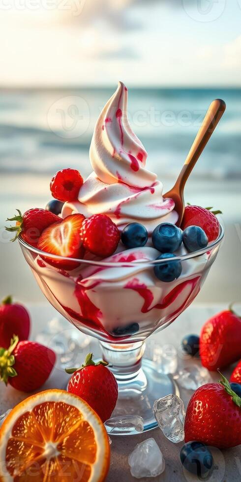 Exquisite dessert featuring soft serve ice cream topped with fresh berries on the beach at sunset photo