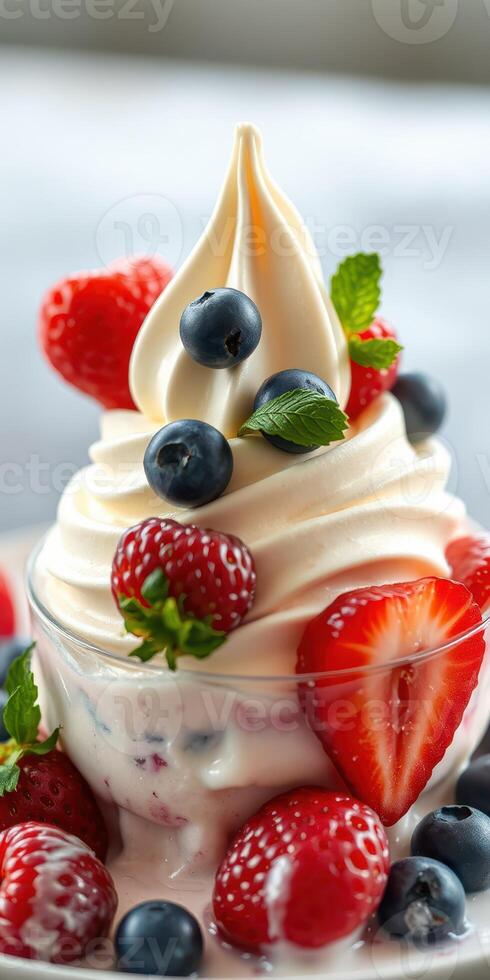 Delicious dessert featuring soft serve topped with berries and mint in a clear bowl photo
