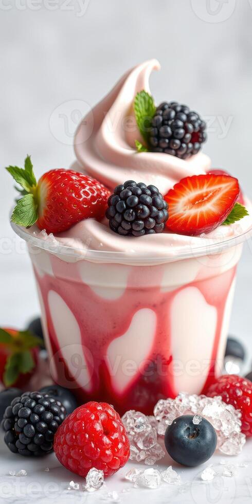 Delicious frozen yogurt topped with fresh berries and mint served in a cup at a summer dessert event photo