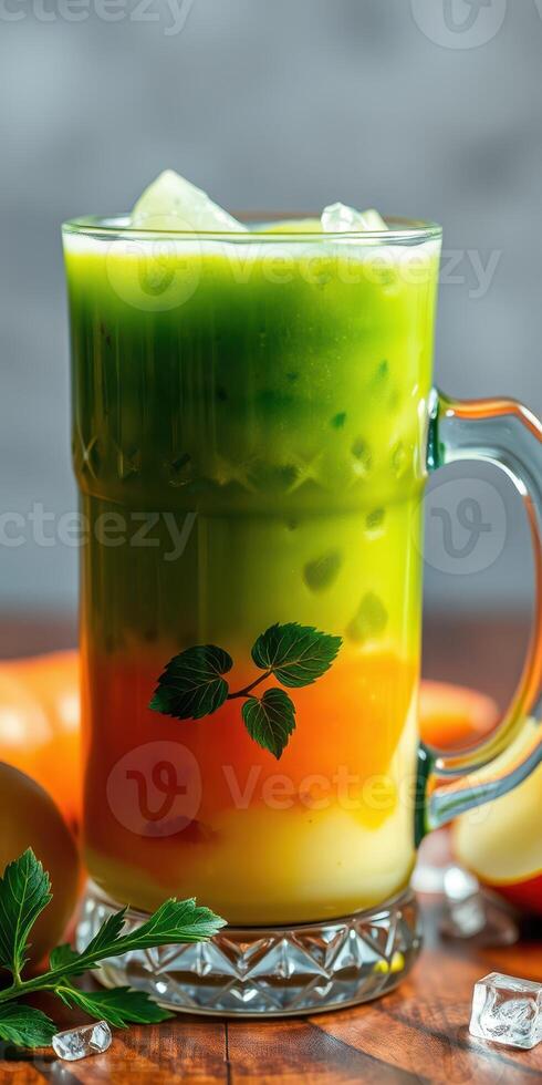 Refreshing layered drink with vibrant colors served in a clear glass on a wooden table photo