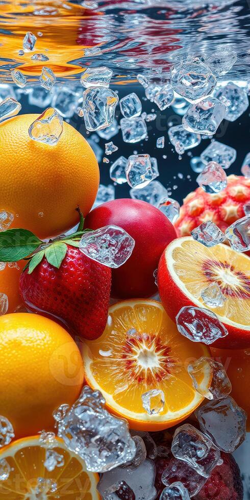 Fresh fruits and ice cubes create a vibrant display of color and texture in a cooling environment photo
