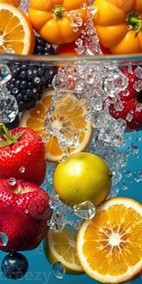 Fresh fruits submerged in sparkling water with ice cubes creating a refreshing display photo