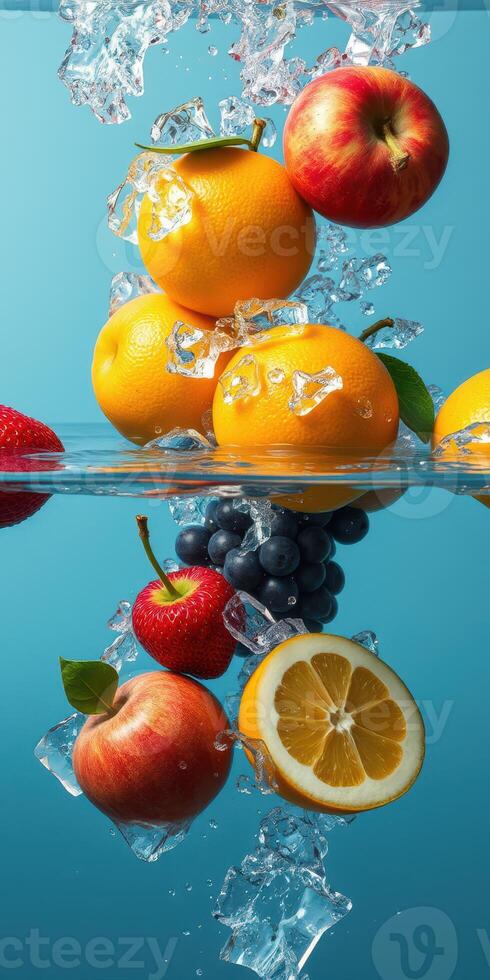 Fresh fruits splashing in clear water with ice on a bright blue background photo