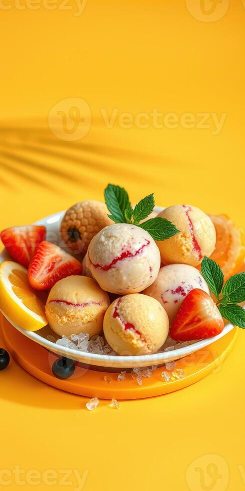 Colorful dessert bowl with assorted ice cream scoops and fresh fruits on a vibrant yellow background photo