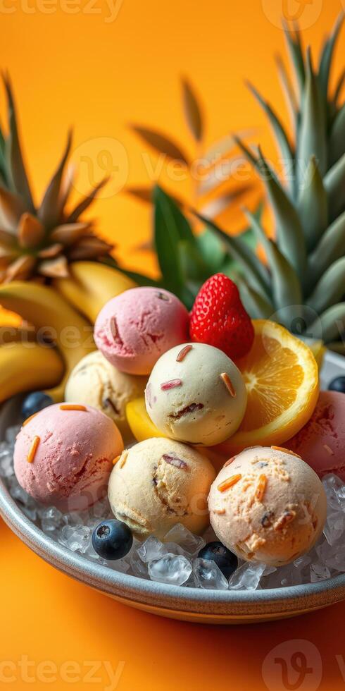 Colorful scoop of ice cream with fresh fruits on display at a summer gathering photo