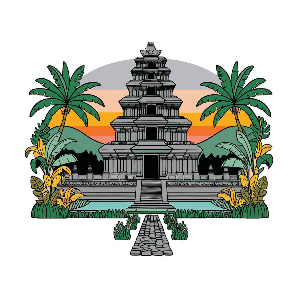 An illustration of a temple with palm trees and a sunset vector