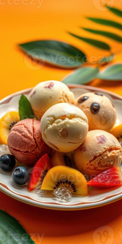 Delightful dessert featuring three scoops of ice cream accompanied by fresh fruit on a vibrant orange background photo
