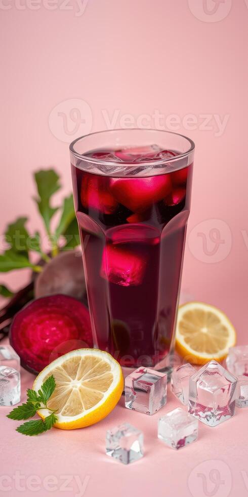 Refreshing beetroot lemonade served with ice and lemon slices in a vibrant setting photo