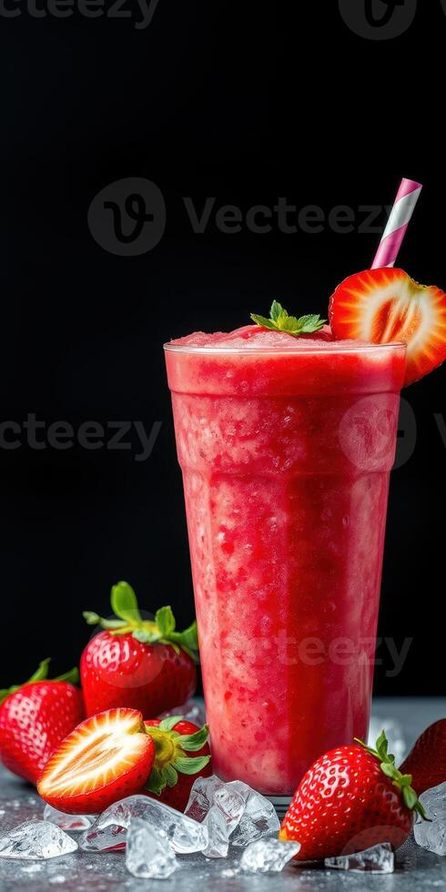 Fresh strawberry smoothie served in a tall glass with mint garnish and ice on a dark background photo