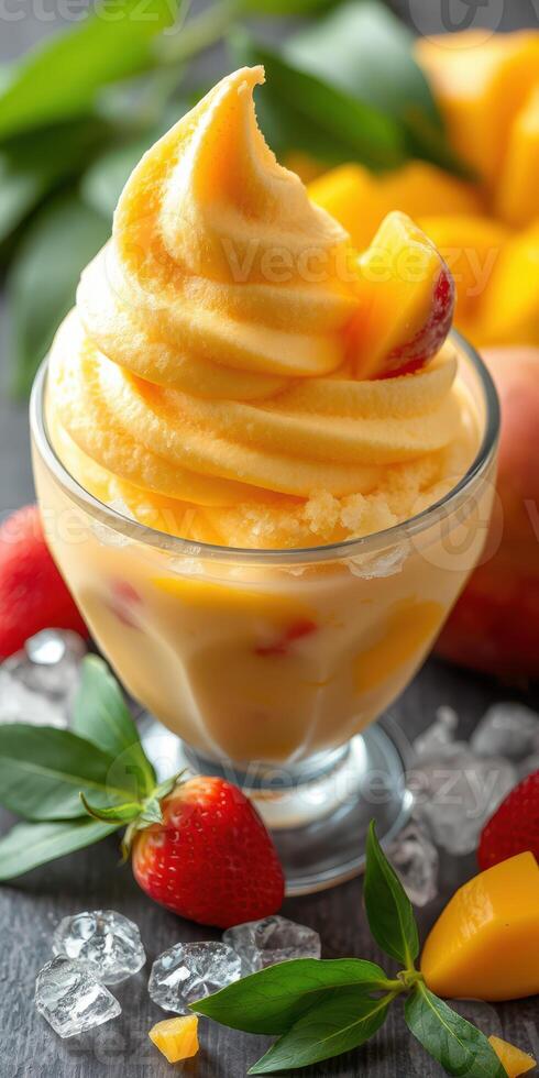 Delicious mango and strawberry ice cream dessert served in a clear glass bowl with fresh fruits and ice photo