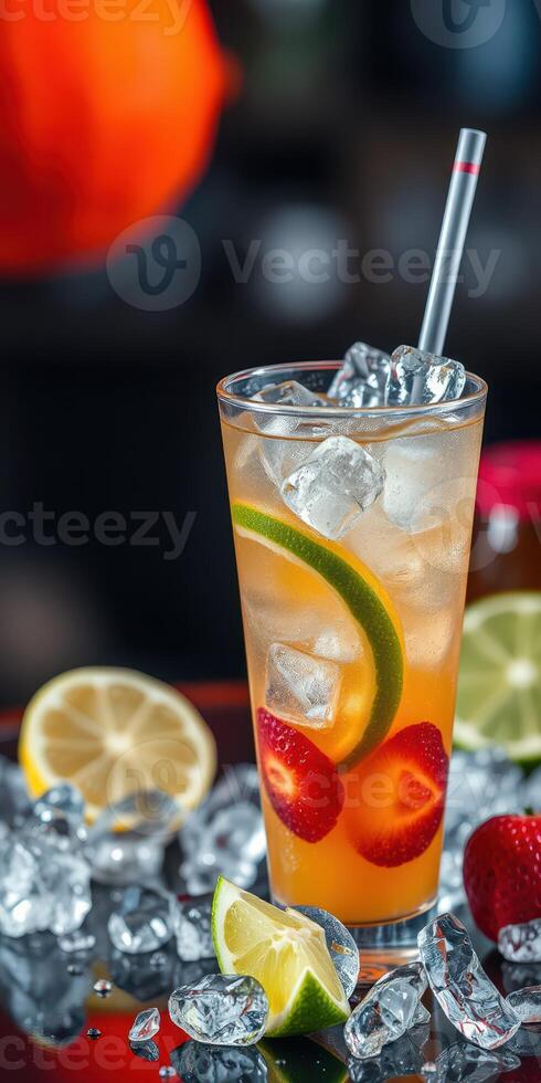 Refreshing cocktail with ice and citrus garnishes served in a glass during a sunny afternoon at a vibrant bar photo