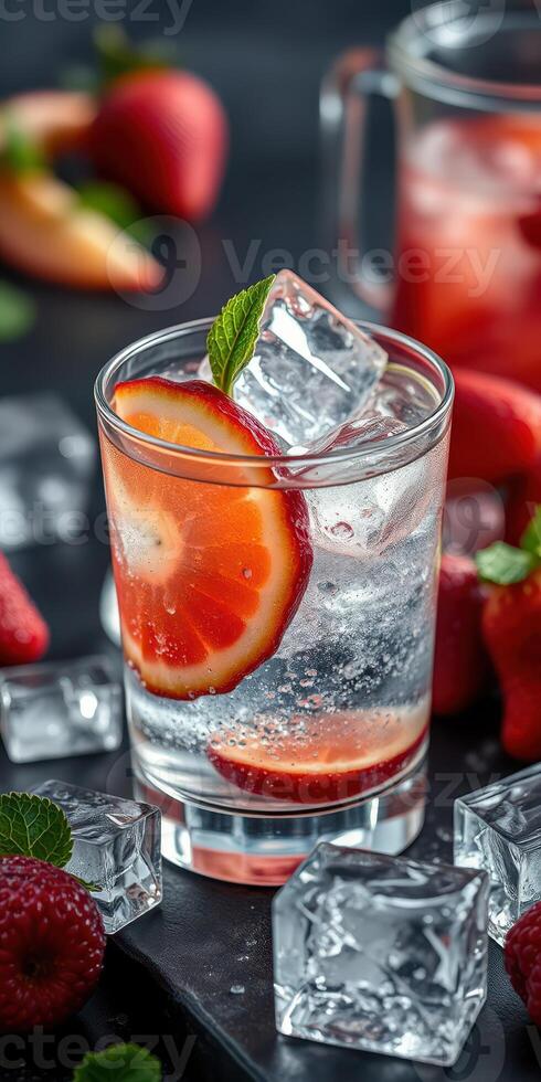 Refreshing strawberry beverage with ice and mint enjoyed on a summer day photo
