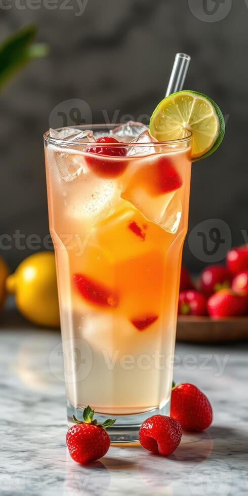 Refreshing summer drink garnished with lime and strawberries served on a marble countertop photo