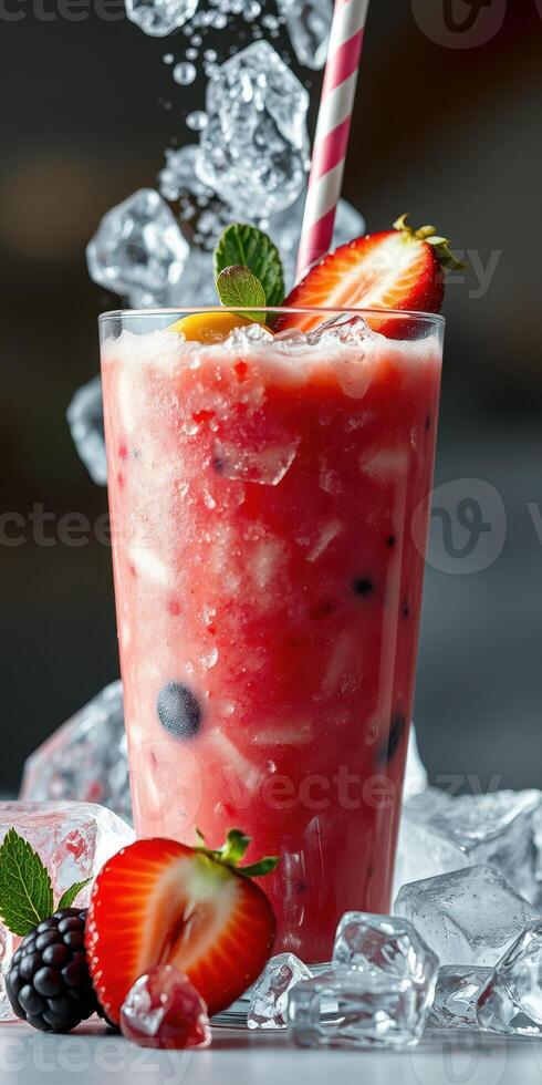 Refreshing berry smoothie garnished with fresh strawberries and mint served in a tall glass with ice photo