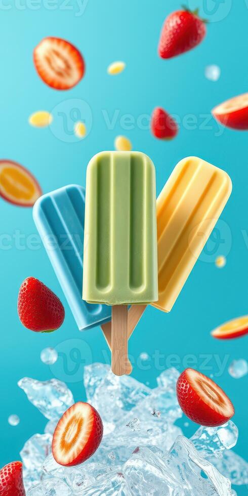 Colorful popsicles surrounded by fresh fruit and ice on a bright background photo
