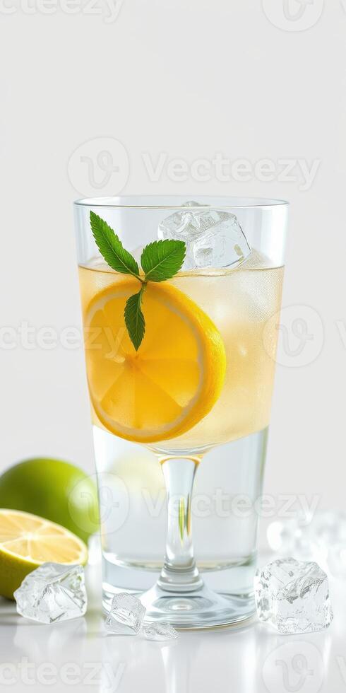 Refreshing lemon lime drink garnished with mint and ice in a clear glass on a bright background photo