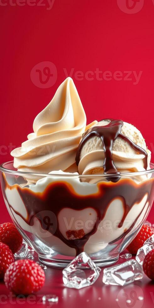Delicious ice cream sundae with chocolate sauce and raspberries on a red background photo