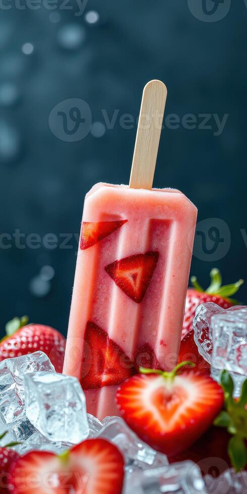 Refreshing strawberry popsicle with fresh berries and ice on a dark background photo