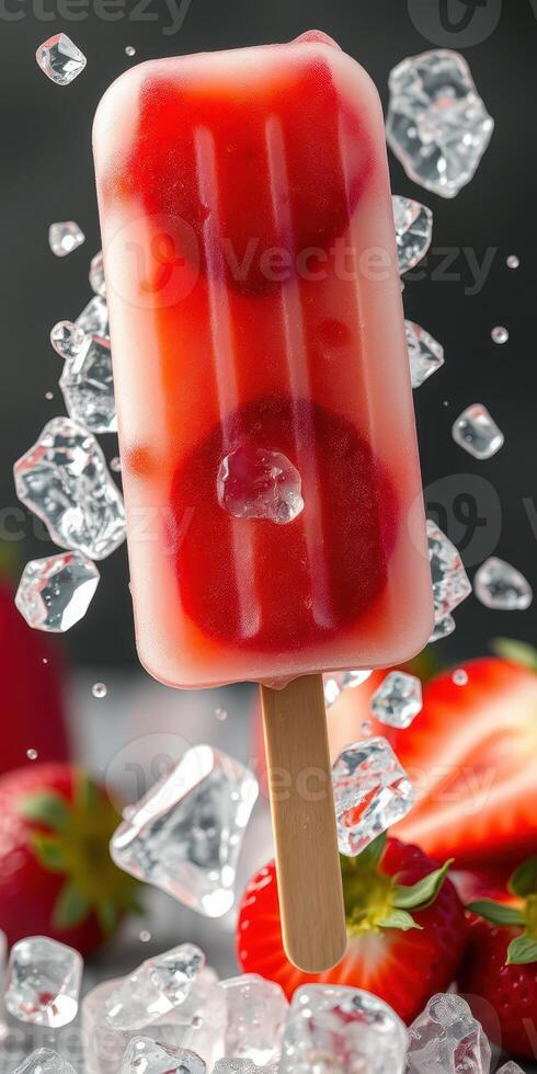 Refreshing strawberry popsicle with ice cubes and fresh strawberries on a dark background photo