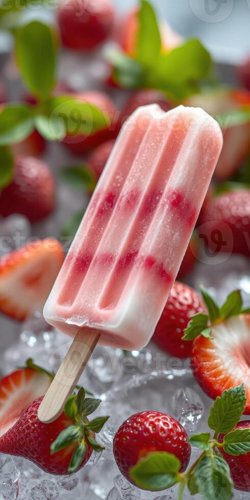 Refreshing strawberry popsicle sits on crushed ice with fresh strawberries and mint leaves surrounding it photo