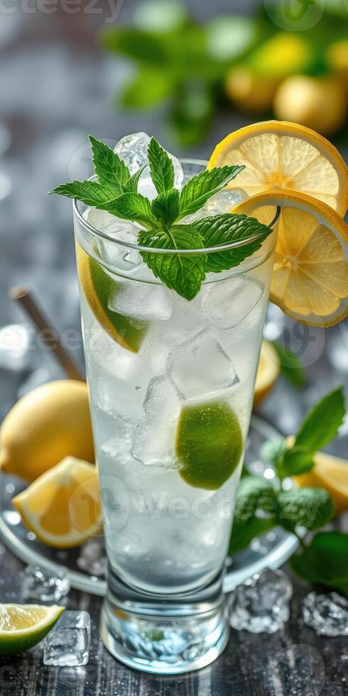 Refreshing citrus drink served in a tall glass with mint leaves and ice on a sunny afternoon photo