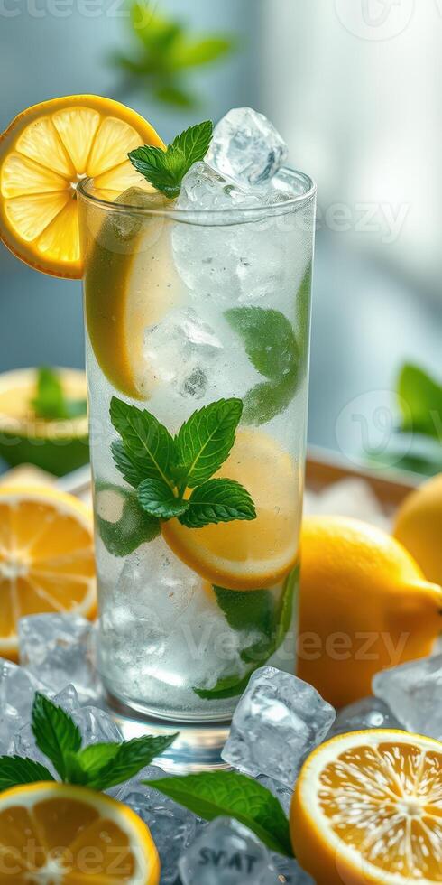 Refreshing mint lemonade garnished with fresh lemon slices and mint leaves in a tall glass on ice photo
