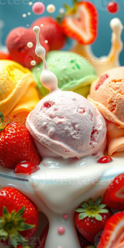 Colorful ice cream scoops with fresh strawberries and milk splash in a delightful dessert bowl photo
