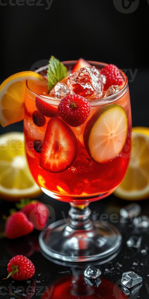 Refreshing fruit cocktail with vibrant colors and ice served in a glass with citrus slices and strawberries photo