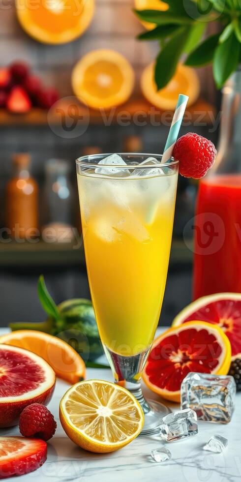 Refreshing yellow tropical drink garnished with fruits and ice, ideal for summer celebrations photo