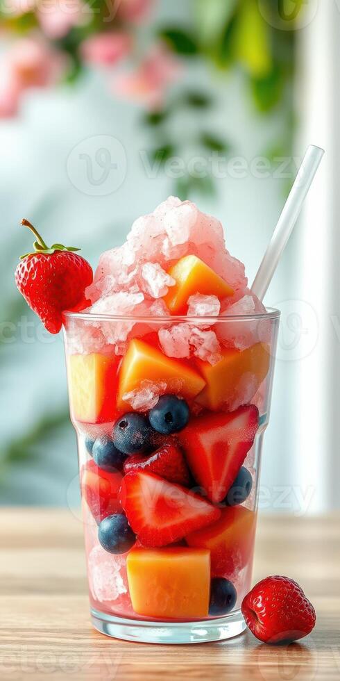 Refreshing fruit dessert with shaved ice served in tall glass photo