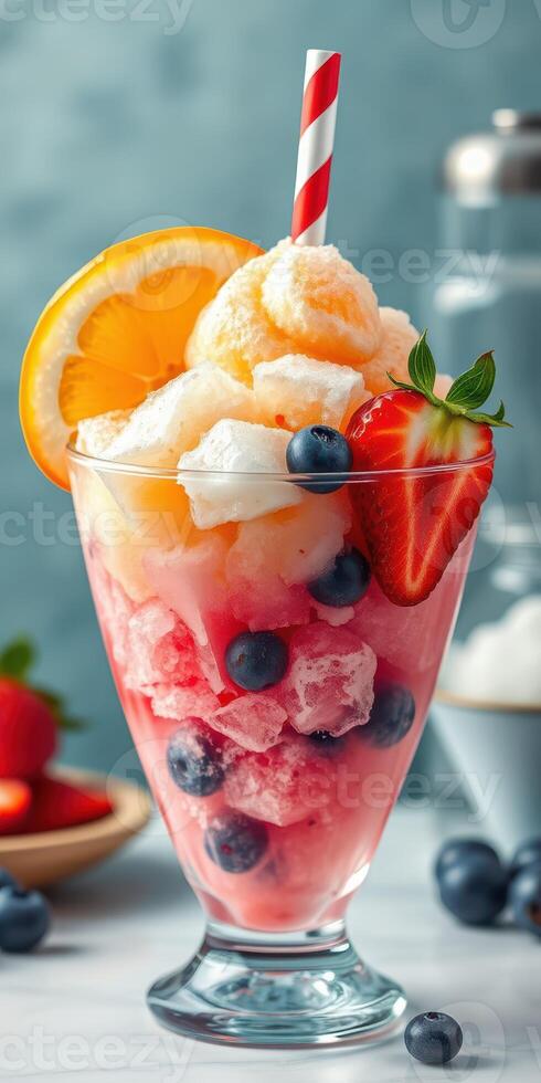 Colorful frozen dessert served in a glass with fruit and ice cream in a cafe setting during summer afternoon photo