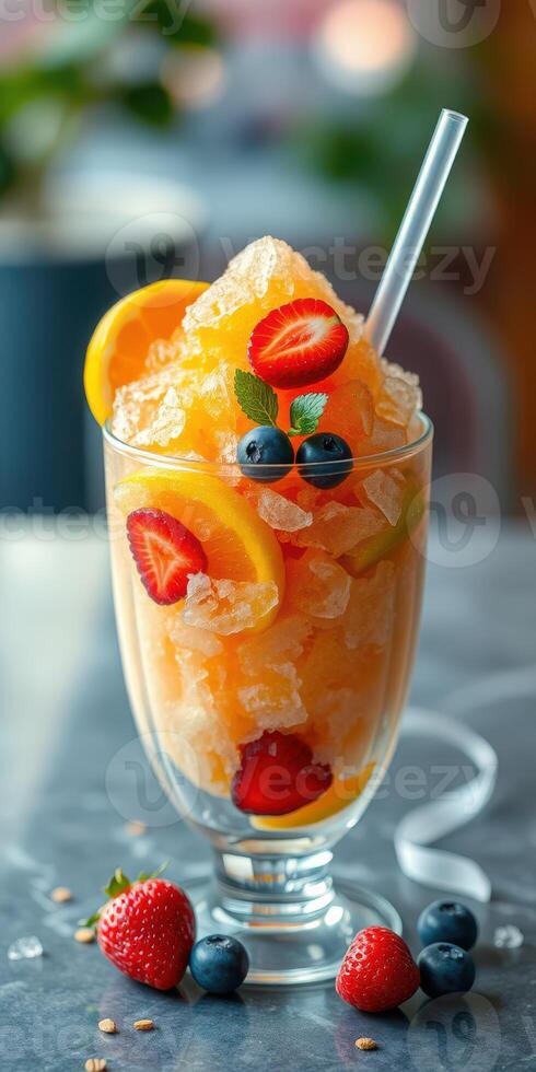 Refreshing summer dessert featuring crushed ice, fruit, and mint served in a tall glass photo