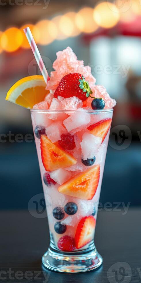Colorful fruit parfait served in a tall glass garnished with lemon and surrounded by soft light photo
