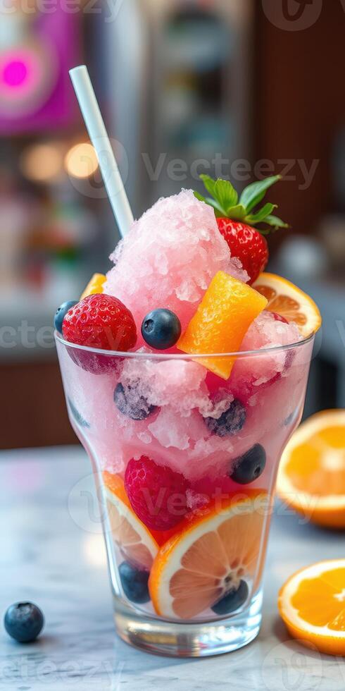 Refreshing summer dessert featuring colorful shaved ice with fresh fruits and vibrant colors photo