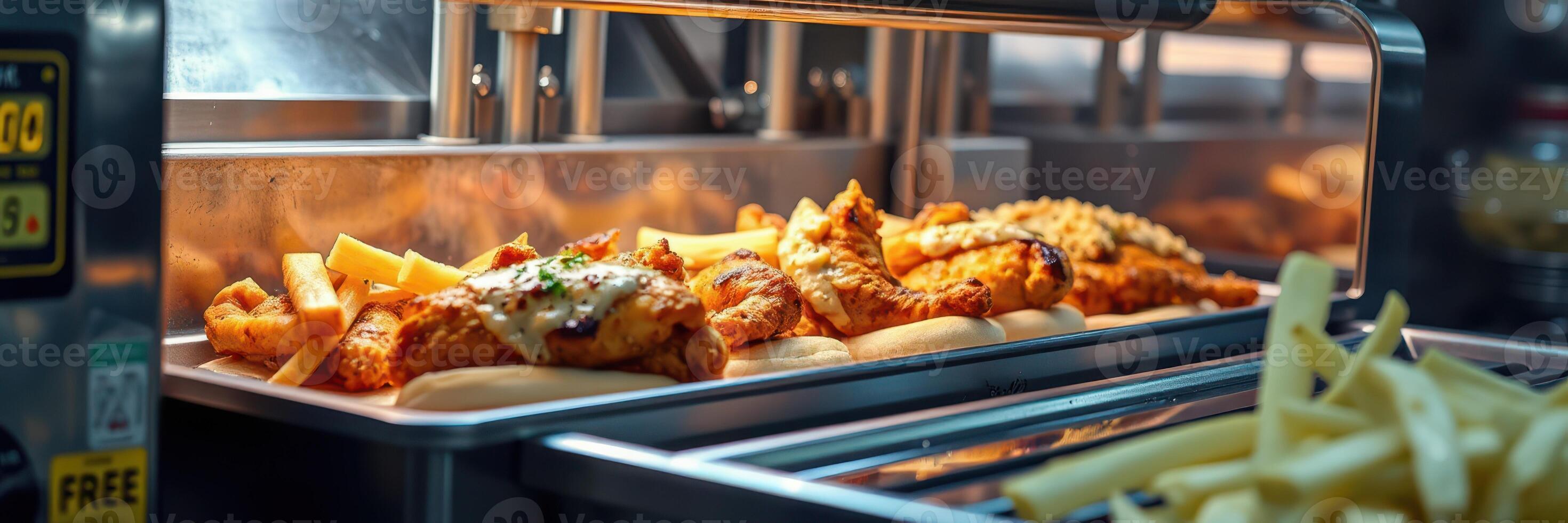 Crispy fried chicken and golden fries showcased in a bustling kitchen during lunchtime rush photo