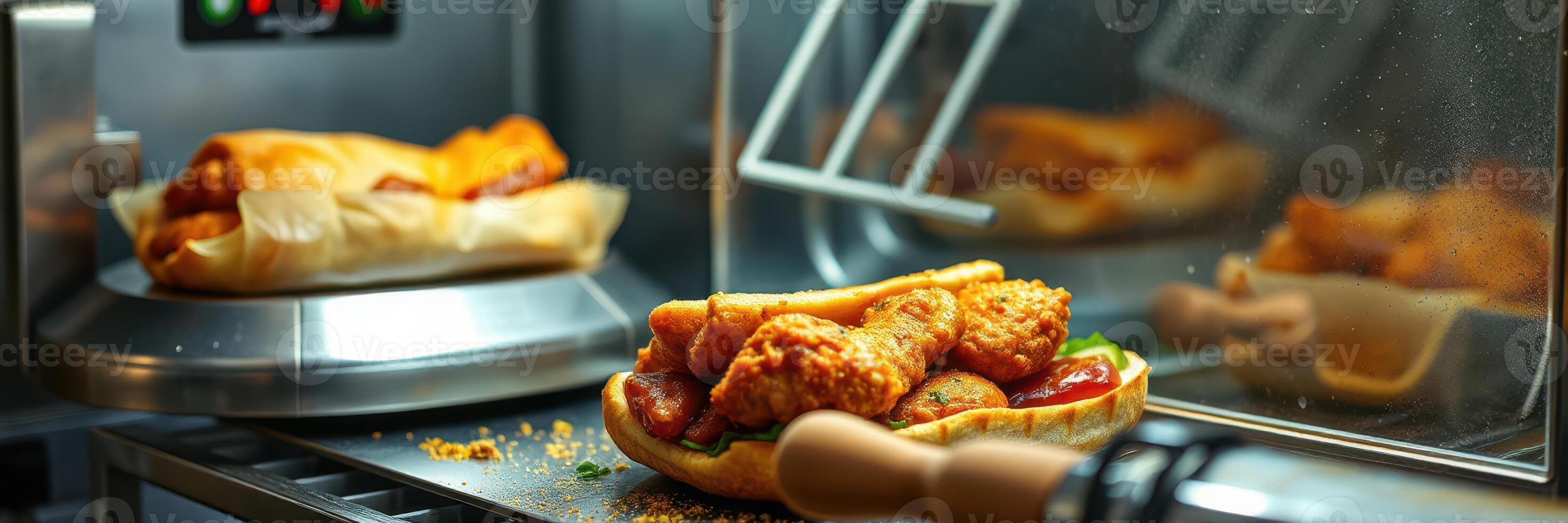 Fried chicken sandwich with crispy golden fries served in a food stall during a busy lunch hour in an urban setting photo