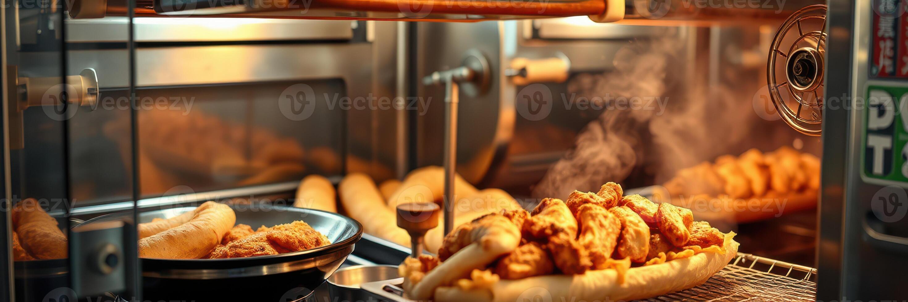 Fritters and bread rolls are served fresh in a bustling kitchen during lunchtime hours photo