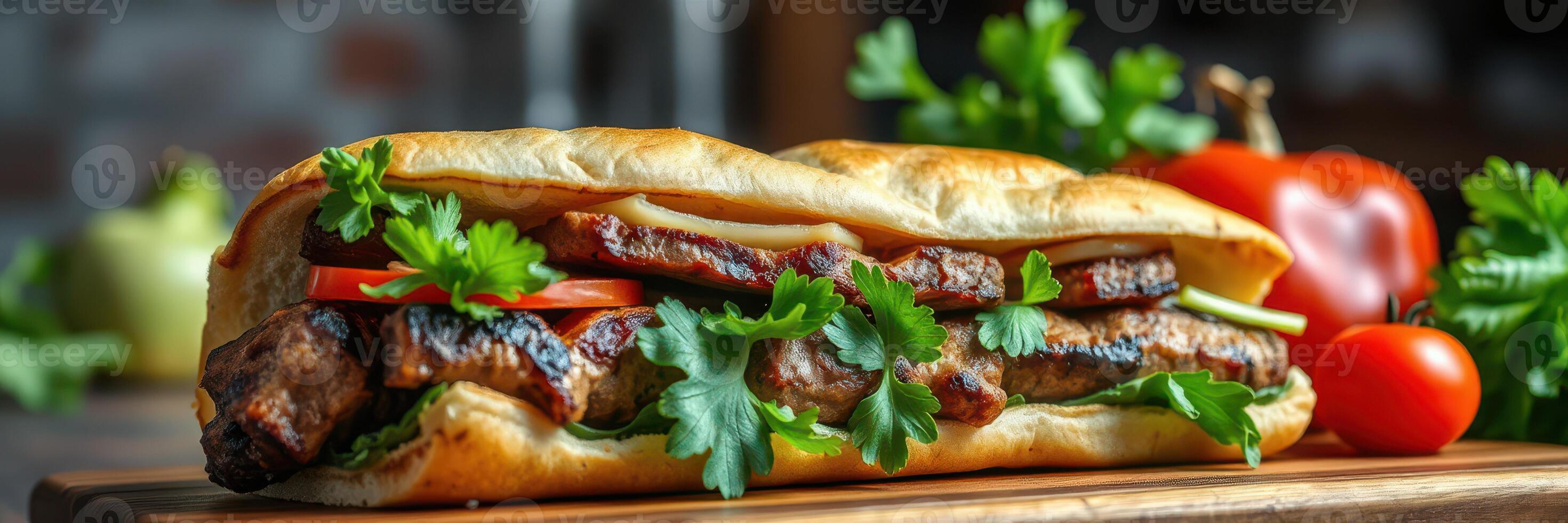 Delicious sandwich filled with grilled meat, fresh vegetables, and herbs on a wooden board in a cozy setting photo