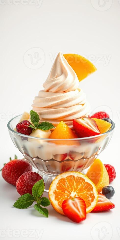 Colorful dessert bowl filled with creamy soft serve and fresh fruit on a plain background photo