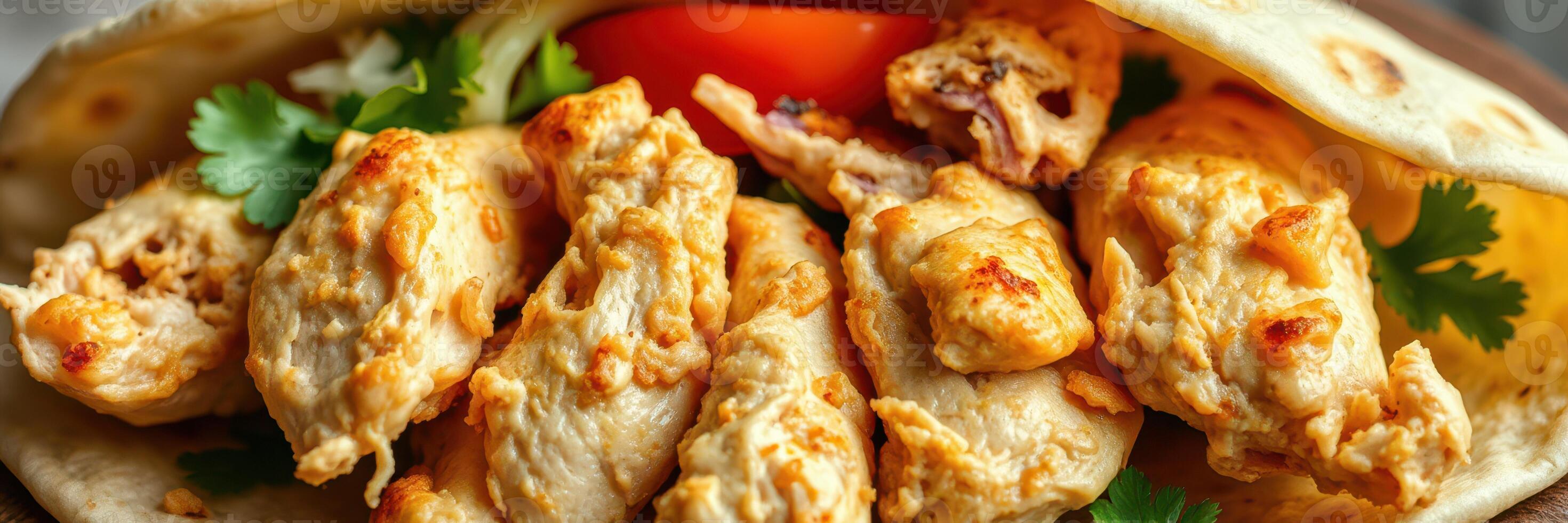 Savory grilled chicken wrapped in a warm tortilla with fresh toppings at a vibrant street market photo
