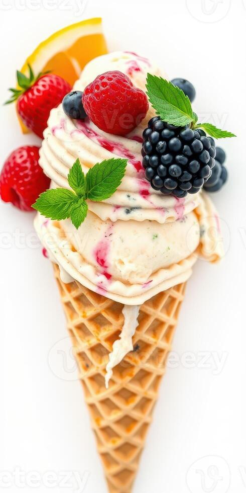 Colorful ice cream cone topped with fresh berries and mint leaves in bright setting photo