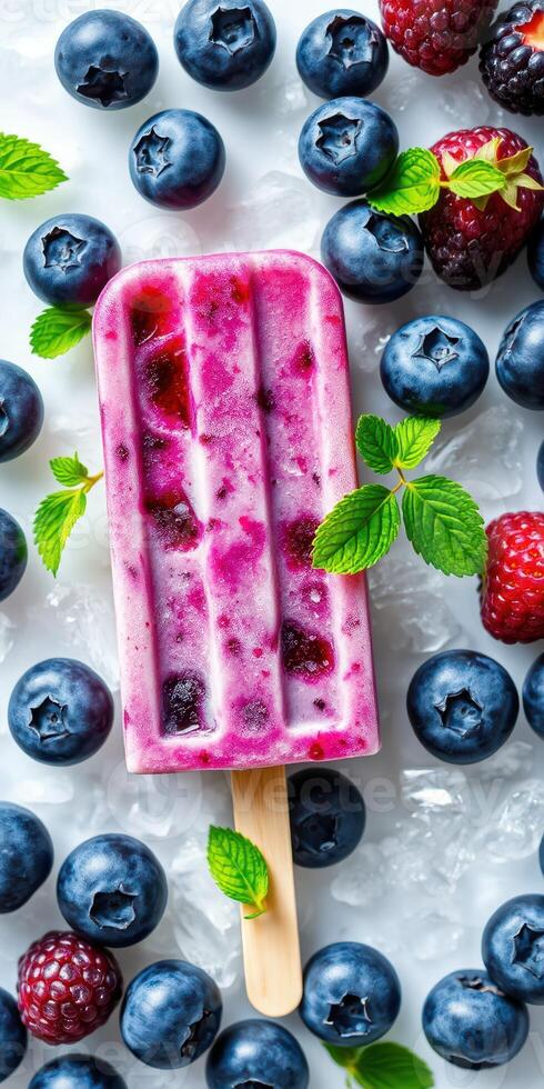 Colorful fruit popsicle surrounded by fresh blueberries and raspberries on ice photo