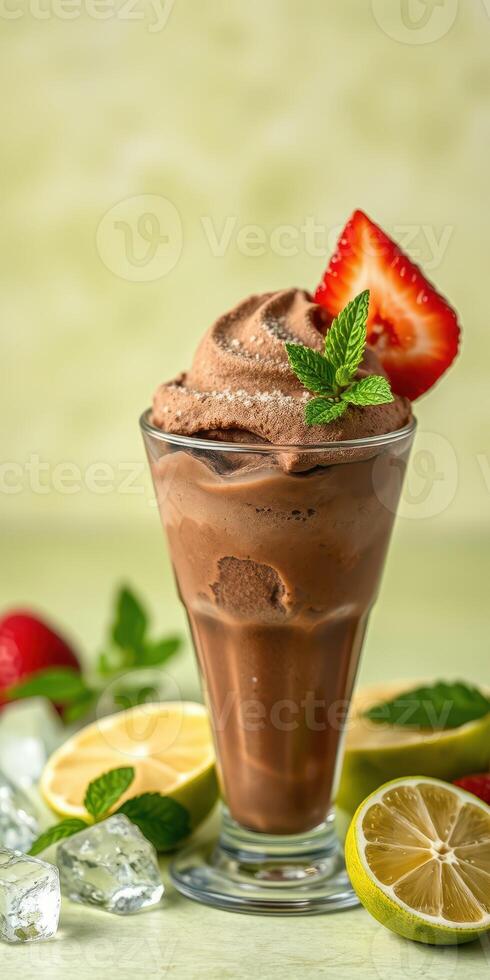 Refreshing chocolate dessert topped with strawberries and mint on a sunny day with fresh fruits nearby photo