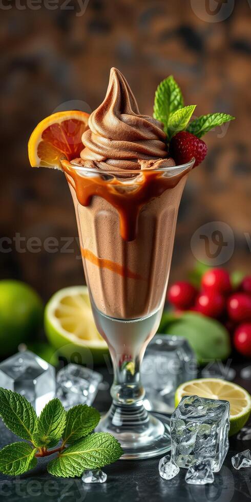 delicioso chocolate suave servir coronado con frutas en un vaso en un de madera antecedentes foto