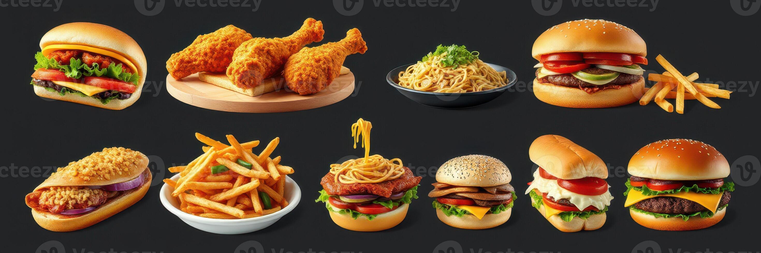 Delicious assortment of various food items including burgers, fried chicken, and pasta for a satisfying meal experience photo